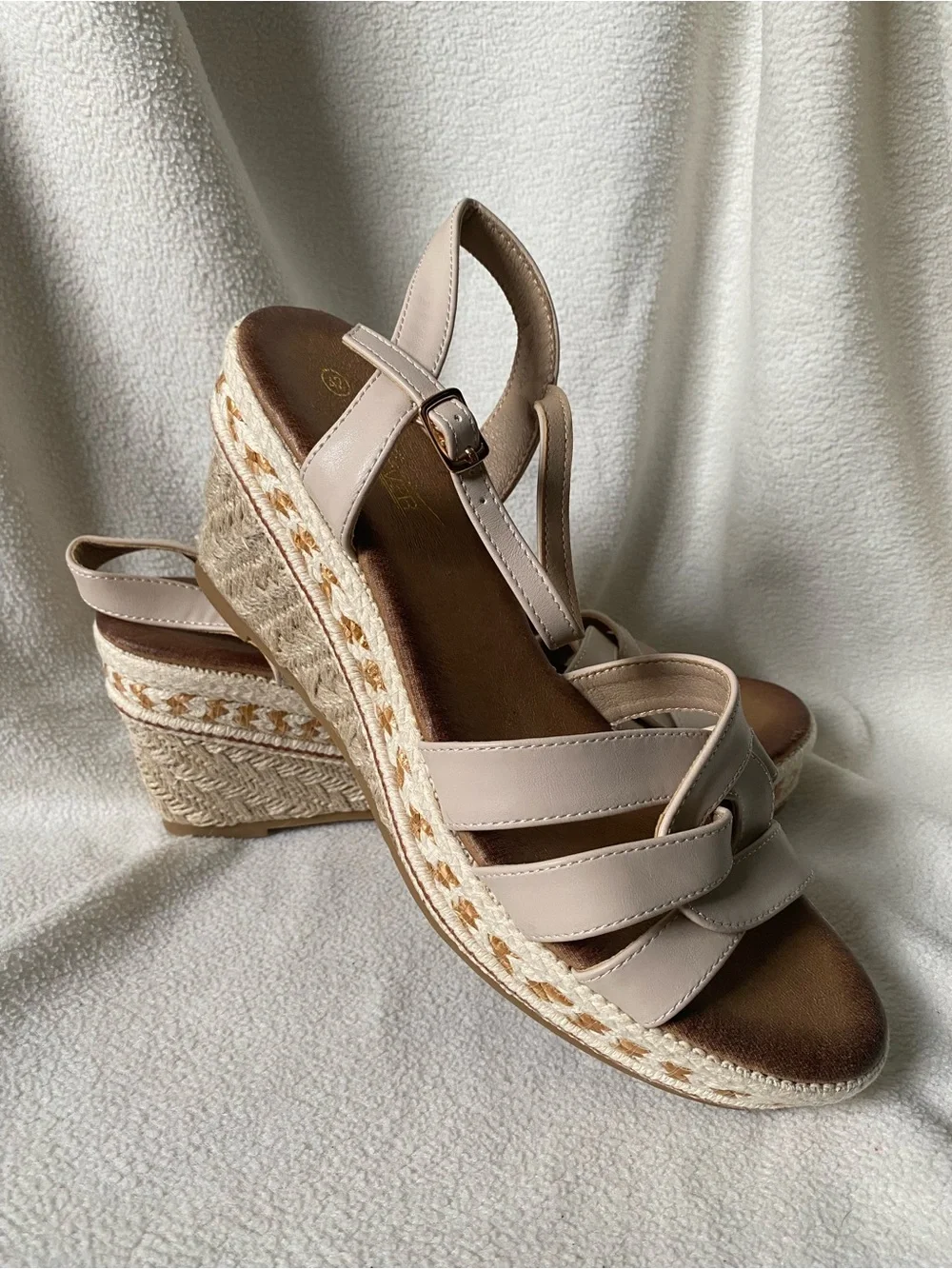 Neutral Beige Wedge Espadrille Sandals with Ankle Strap